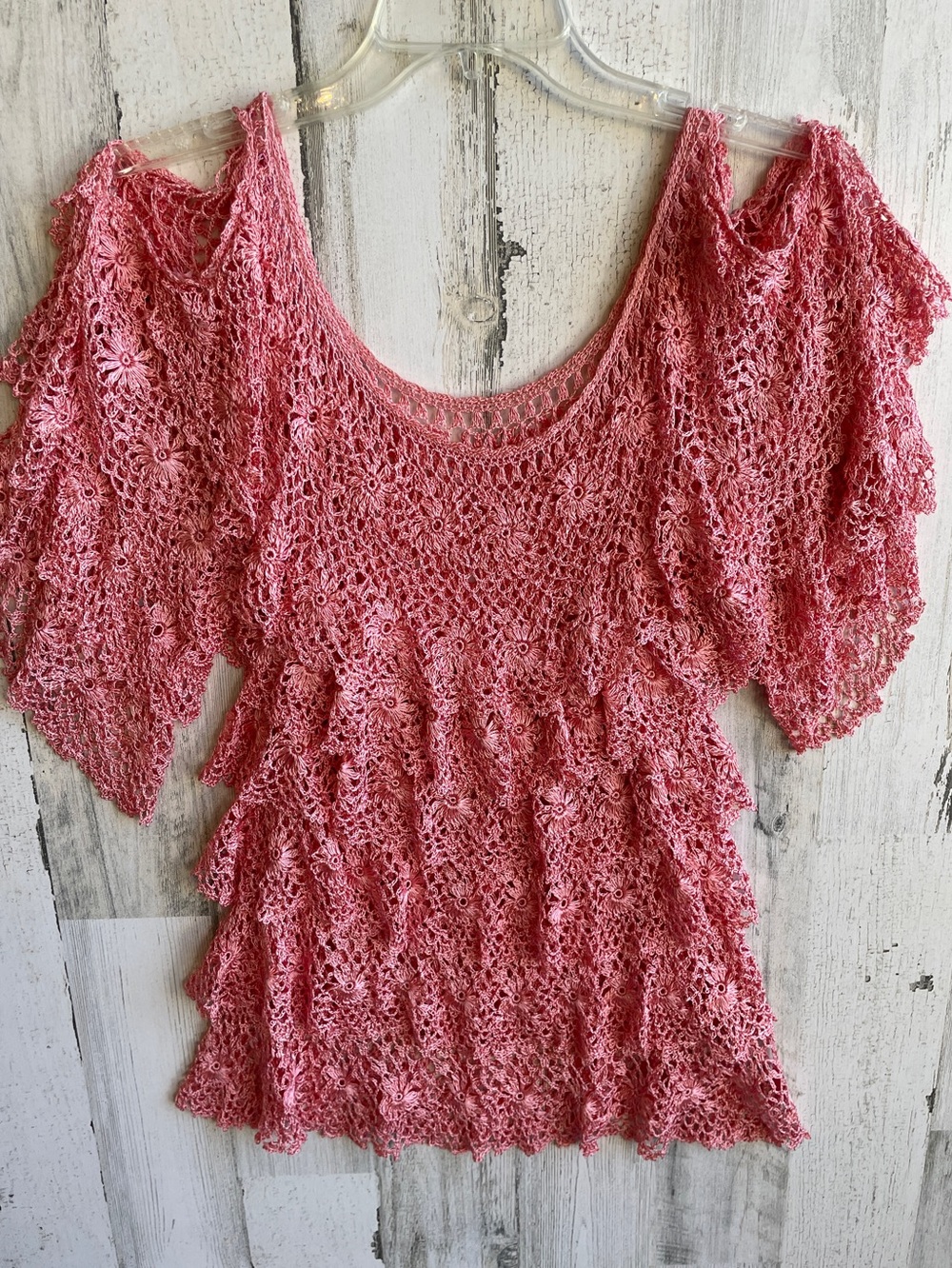 Pinkish Coral Crochet Lace Women's Blouse Multilayered Off Shoulder SZ M (Read)